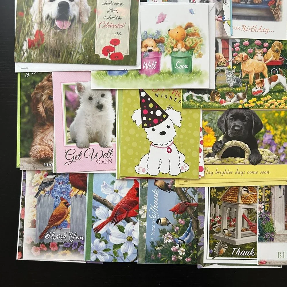 Mixed Lot of 35 Greeting Cards w/ Envelope Dogs Puppies Cats Kittens and Birds